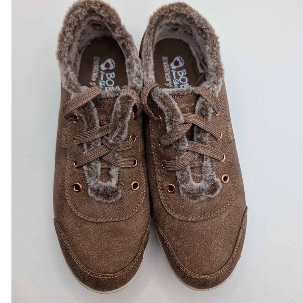 Skechers BOBS Women Brown Faux Fur Lined Memory Foam Sneakers Rose Gold Eyelets
